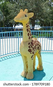 ORLANDO, FL -20 JUN 2020- View Of A Giraffe Built Out Of LEGO Bricks At The Legoland Florida Resort Theme Park In Orlando, Florida, United States.