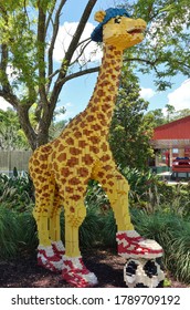 ORLANDO, FL -20 JUN 2020- View Of A Giraffe Built Out Of LEGO Bricks At The Legoland Florida Resort Theme Park In Orlando, Florida, United States.