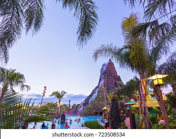 ORLANDO, FL, AUG 14, 2017: Volcano Bay Waterfall In Universal Studios, Orlando, Florida, USA. Side View Of The Universal´s Volcano Bay Waterpark During The Sunset On 14th August 2017. 