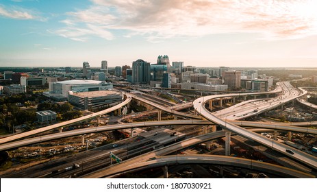 "Orlando, FL / USA - 08-31-2020: Iconic aerial view of the Orlando skyline from across the infamous I-4 and 408 interchange."