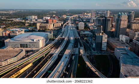 "Orlando, FL USA - 10-15-2021: Bird's eye view over the Interstate-4 and 408 expressway interchange in Orlando, FL."