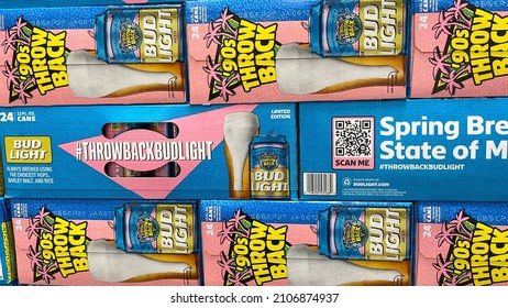 Orlando, FL USA - April 27, 2021:  Cases Of Cans Of 90s Throwback Of Bud Light Beer At A Sams Club  Store Waiting For Customers To Purchase.