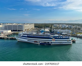 Orlando, FL USA - February 12, 2022: An Aerial View Of The Victory Casino Ship At Port Canaveral In Florida.