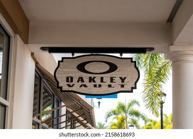 Orlando, FL, USA - February 21, 2022: Oakley Vault store hanging sign at a shopping mall in Orlando, Florida. Oakley inc. manufactures sunglasses, sports visors, ski, snowboard and goggles.
