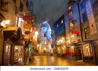 ORLANDO, FL, USA - JAN. 27, 2019: Diagon Alley at night in the Wizarding World of Harry Potter in Universal Orlando, Florida, USA.