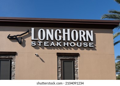 Orlando, Fl, USA - January 6, 2022: Close Up Of LongHorn Steakhouse Restaurant Sign On The Building. LongHorn Steakhouse Is An American Casual Dining Restaurant Chain. 