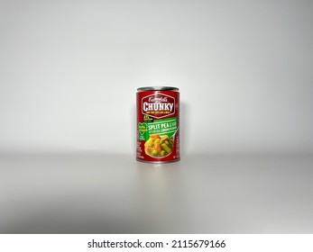 Orlando, FL USA - July 1, 2021:  A Can Of Campbells Chunky Split Pea Soup On A White Background.