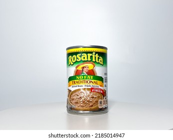 Orlando, FL USA - July 14, 2022:  A Can Of Rosarita Refried Beans On A White Background.