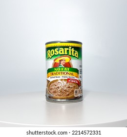 Orlando, FL USA - July 14, 2022:  A Can Of Rosarita Refried Beans On A White Background.