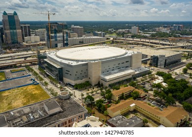 ORLANDO, FL, USA - JUNE 11, 2019: Aerial Drone Photo Amway Center Downtown Orlando FL