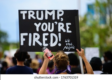 Orlando, FL, USA - JUNE 19, 2020: Trump, you are fired poster. Demonstration in the USA. Voters and politics. US President Donald Trump impeachment. Elections, election campaign.