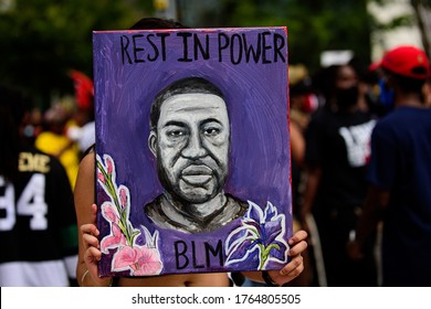 Orlando, FL, USA - JUNE 19, 2020: The Murder Of George Floyd. Poster About George Floyd During Protests In The USA. Rest In Power Text. BLM. Black Lives Matter