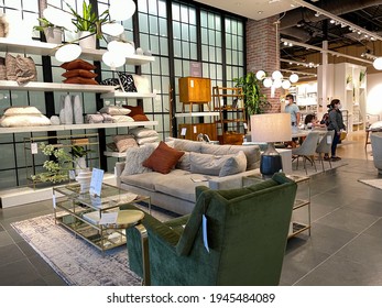 Orlando, FL USA- March 6, 2021 :  A Couch , Chair And Tables Display At A West Elm Midcentury Modern Furniture Store In Orlando, Florida.