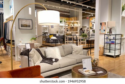 Orlando, FL USA- March 6, 2021 :  A Couch , Chair And Tables Display At A West Elm Midcentury Modern Furniture Store In Orlando, Florida.