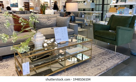 Orlando, FL USA- March 6, 2021 :  A Couch , Chair And Tables Display At A West Elm Midcentury Modern Furniture Store In Orlando, Florida.