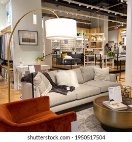 Orlando, FL USA- March 6, 2021 :  A Couch , Chair And Tables Display At A West Elm Midcentury Modern Furniture Store In Orlando, Florida.