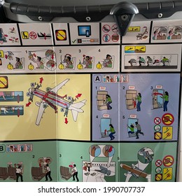 Orlando, FL USA- May 13, 2021 :  An Allegiant Airplane  Brochure Containing Safety Information About The Airplane That Is Found In The Seat Back Pocket.