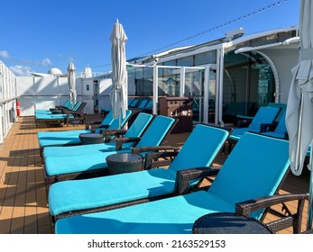 Orlando, FL USA-January 8, 2022:  An Outdoor Sundeck On A Cruise Ship For The Haven Suite Guests On The Norwegian Cruise Lines.