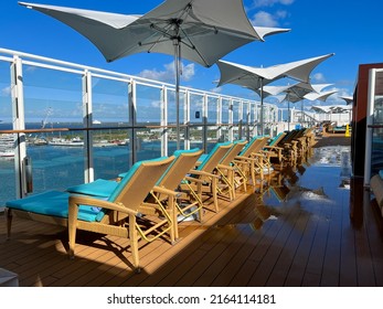 Orlando, FL USA-January 8, 2022:  An Outdoor Sundeck On A Cruise Ship For The Haven Suite Guests On The Norwegian Cruise Lines.