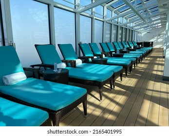 Orlando, FL USA-January 8, 2022:  An Indoor Sundeck On A Cruise Ship For The Haven Suite Guests On The Norwegian Cruise Lines.