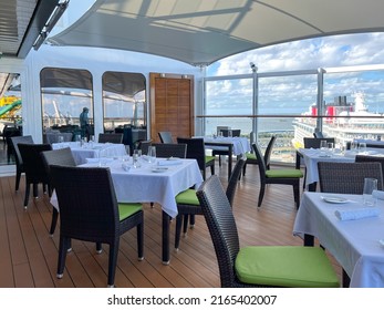 Orlando, FL USA-January 8, 2022:  An Outdoor Private Dining Room On A Cruise Ship For The Haven Suite Guests On The Norwegian Cruise Lines.