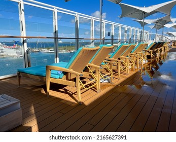 Orlando, FL USA-January 8, 2022:  An Outdoor Sundeck On A Cruise Ship For The Haven Suite Guests On The Norwegian Cruise Lines.