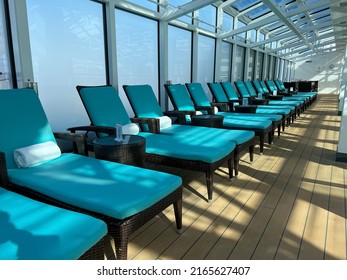 Orlando, FL USA-January 8, 2022:  An Indoor Sundeck On A Cruise Ship For The Haven Suite Guests On The Norwegian Cruise Lines.