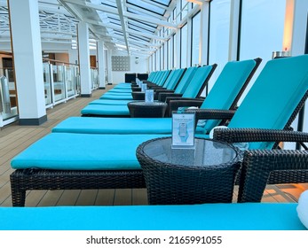 Orlando, FL USA-January 8, 2022:  An Indoor Sundeck On A Cruise Ship For The Haven Suite Guests On The Norwegian Cruise Lines.