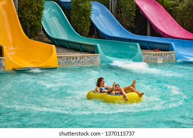 Orlando, Florida. April 07, 2019.  Girls Having Fun Omaka Rocka. It Is A Water Slide At Aquatica .