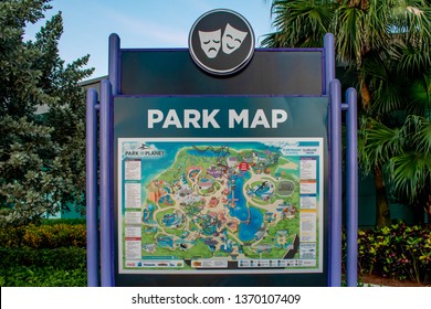 Orlando, Florida. April 7, 2019.  Park Map Sign At Seaworld In International Drive Area .