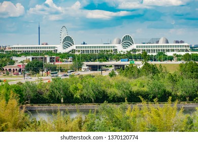 Orlando, Florida. April 7, 2019.  Panoramic View Of Convention Center On Lightblue Sky Cloudy Background In International Drive Area .