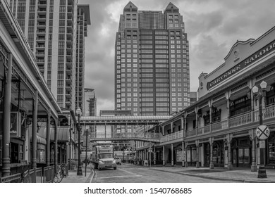 Orlando, Florida. August 19, 2019. Church Street Station Area And Modern Buildings