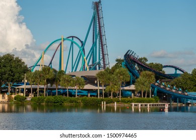 Orlando, Florida. August 31, 2019. Panoramic View Of Mako Rollercoaster And Seven Seas Lagoon At Seaworld 75