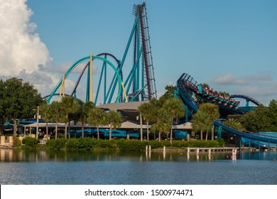 Orlando, Florida. August 31, 2019. Panoramic View Of Mako Rollercoaster And Seven Seas Lagoon At Seaworld 73