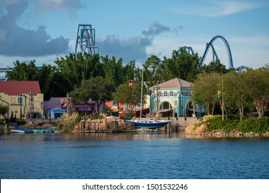 Orlando, Florida. August 31, 2019. Beautiful View Of Seven Seas Lagoon Dockside At Seaworld