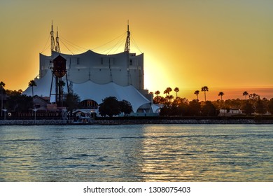 Orlando, Florida. January 11, 2019 . Cirque Du Soleil Building On Colorful Sunset Background At Lake Buena Vista Area.