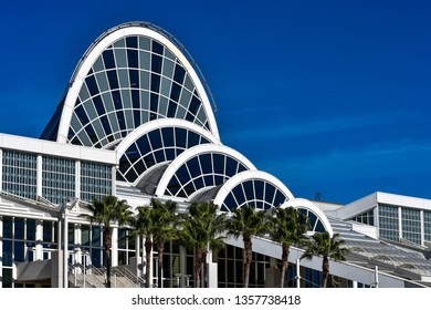 Orlando, Florida. January 12, 2019  Top view of Convention Center on blue sky background at International Drive area (2)