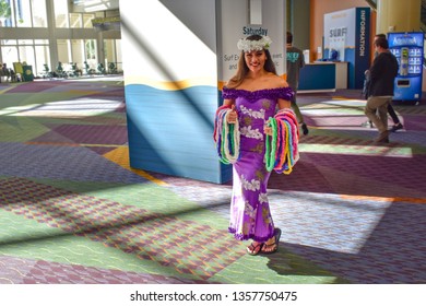 Orlando, Florida. January 12, 2019. Nice hawaiian woman in Orlando Convention Center at International Drive area .
