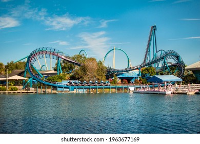 Orlando, Florida. January 14, 2021. Panoramic View Of People Enjoying Mako Roller Coaster At Seaworld.