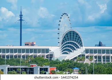 Orlando, Florida.  July 01, 2019  . Panoramic view of Orlando Convention Center, Sky Flyer and the Big Wheel 1