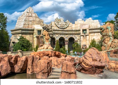 Orlando, Florida. March 02, 2019. Panoramic View Of Poseidons Fury Attraction At Universals Islands Of Adventure