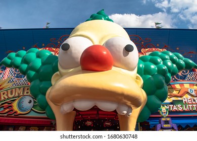 Orlando, Florida. March 02, 2020. Top View Of Krusty In The Simpsons Ride At Universal Studios