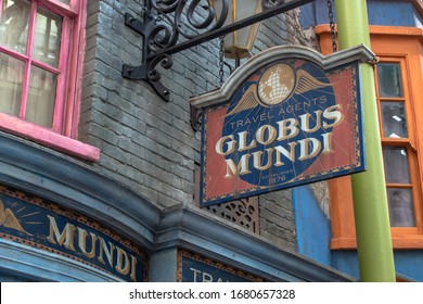 Orlando, Florida. March 02, 2020. Globus Muni Travel Agency in The Wizarding World of Harry Potter Diagon Alley at Universal Studios