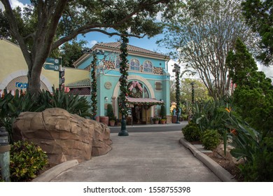 Orlando, Florida. November 06, 2019. Beautiful View Of Customs House With Christmas Ornaments At Seaworld.