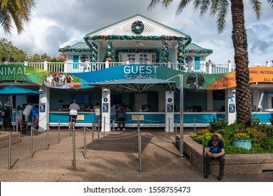 Orlando, Florida. November 06, 2019. Panoramic View Fo Guest Services With Christmas Decoration At Seaworld