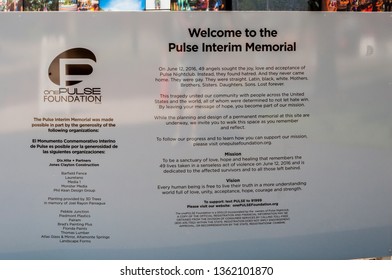 Orlando, Florida / United States - June 19, 2018 : Pulse Nightclub Interim Memorial Welcome Visitor History Plaque