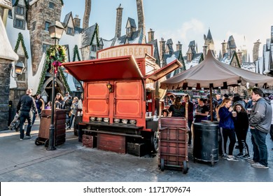 ORLANDO, FLORIDA, USA - DECEMBER, 2017: BUTTERBEER, drink from Harry Potter Movie containing 0% alcohol, at The Wizarding World of Harry Potter, Harry Potter Hogsmeade, Universal Studios