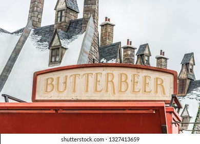 ORLANDO, FLORIDA, USA - DECEMBER, 2018: BUTTERBEER, drink from Harry Potter Movie containing 0% alcohol, at The Wizarding World of Harry Potter, Harry Potter Hogsmeade, Universal Studios