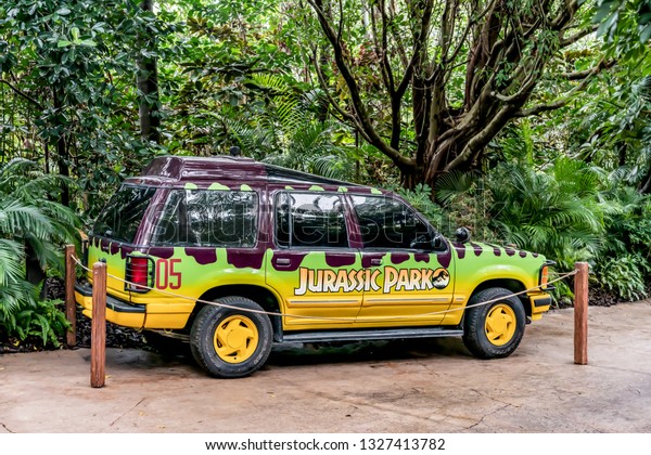 ORLANDO, FLORIDA, USA - DECEMBER, 2018:\
Adventure Car at Jurassic theme Park, Universal Studios Orlando\
Florida, Islands of\
Adventure.
