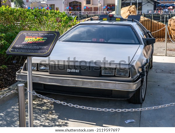 Orlando, Florida, USA -\
February 2, 2022: The DeLorean DMC-12 car from the 1980s movie Back\
To The Future.